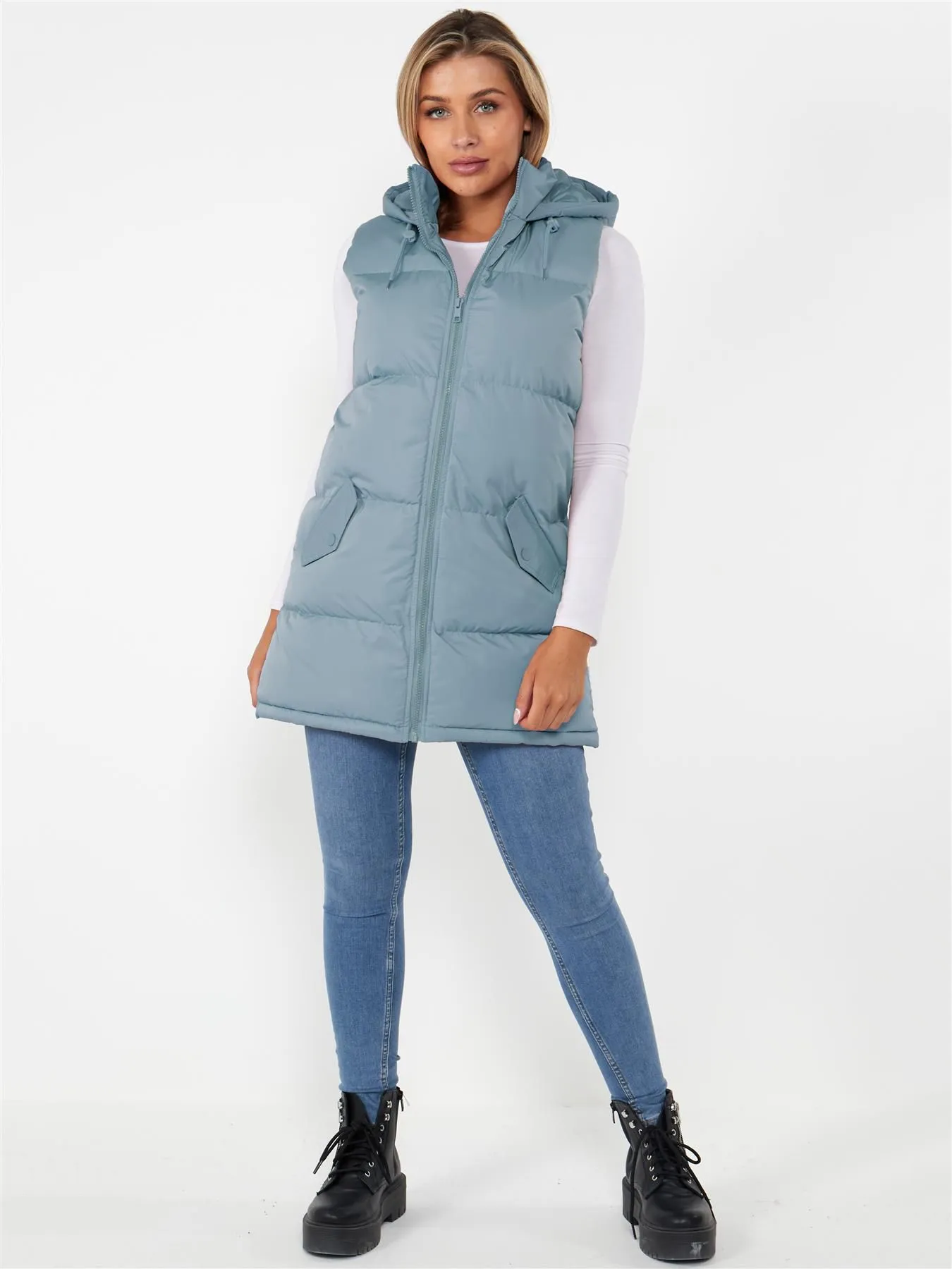 Padded Puffer Mid Length Gilet, Light Sage, UK Sizes 8 to 16