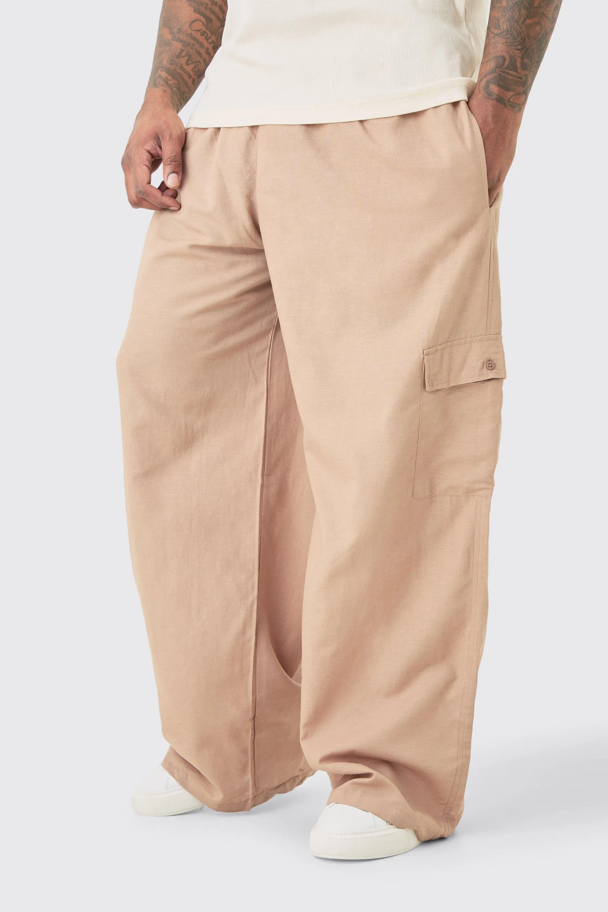 Plus Elasticated Waist Oversized Linen Cargo Pants In Taupe