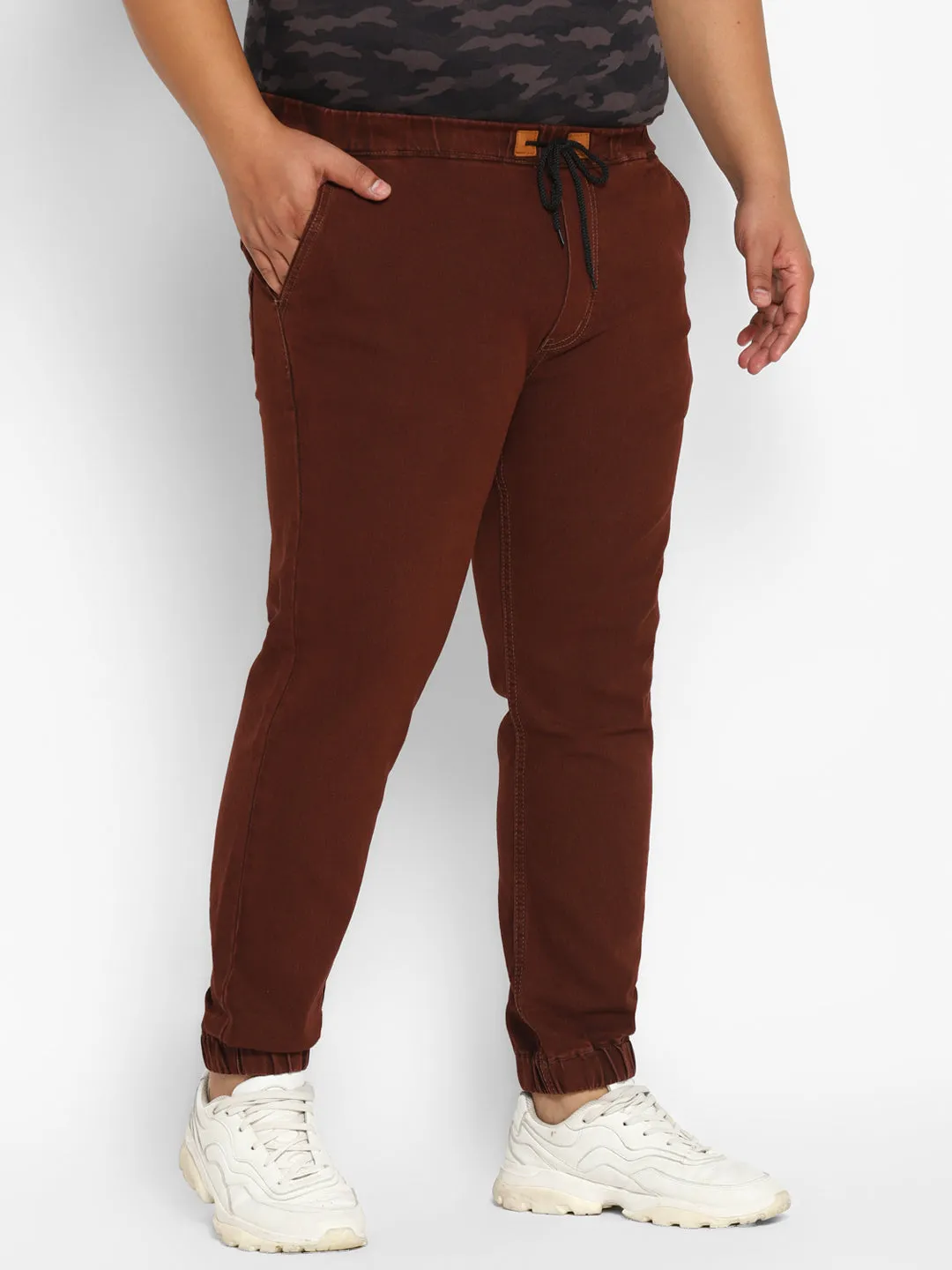 Plus Men's Brown Regular Fit Washed Jogger Jeans Stretchable