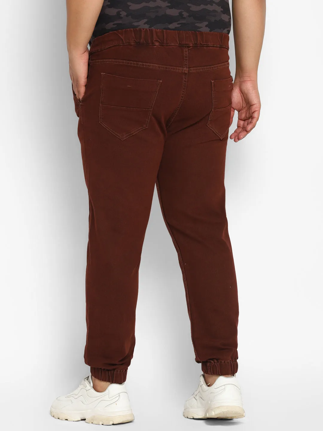 Plus Men's Brown Regular Fit Washed Jogger Jeans Stretchable