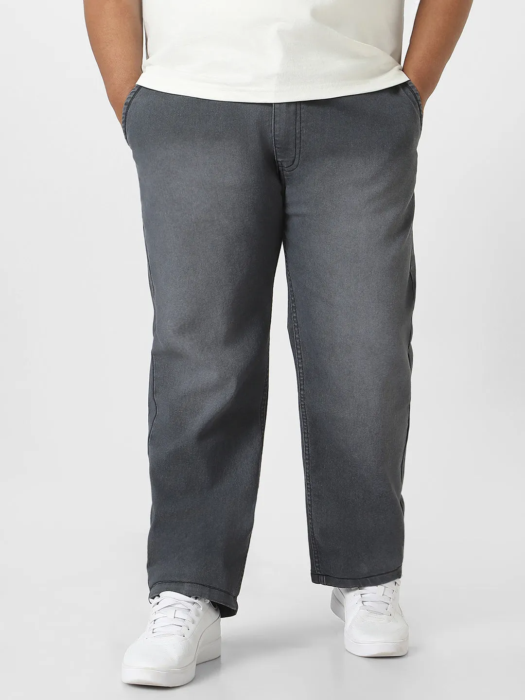 Plus Men's Grey Regular Fit Washed Jeans Stretchable