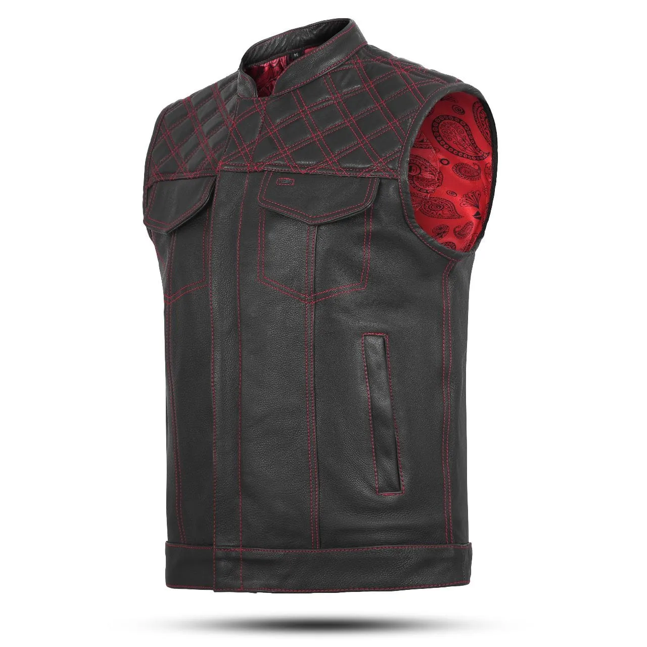 Red Leather Diamond Stitch Motorcycle Vest