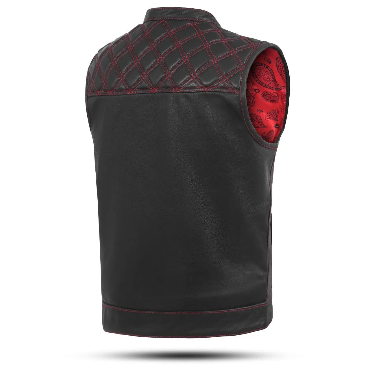 Red Leather Diamond Stitch Motorcycle Vest