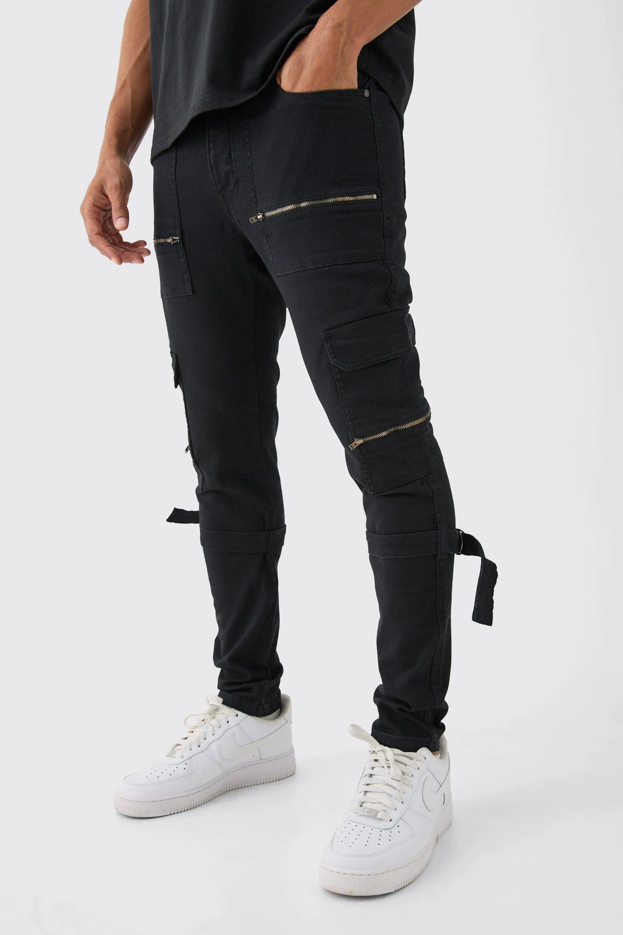 Skinny Stretch Zip Multi Strap Cargo Pants