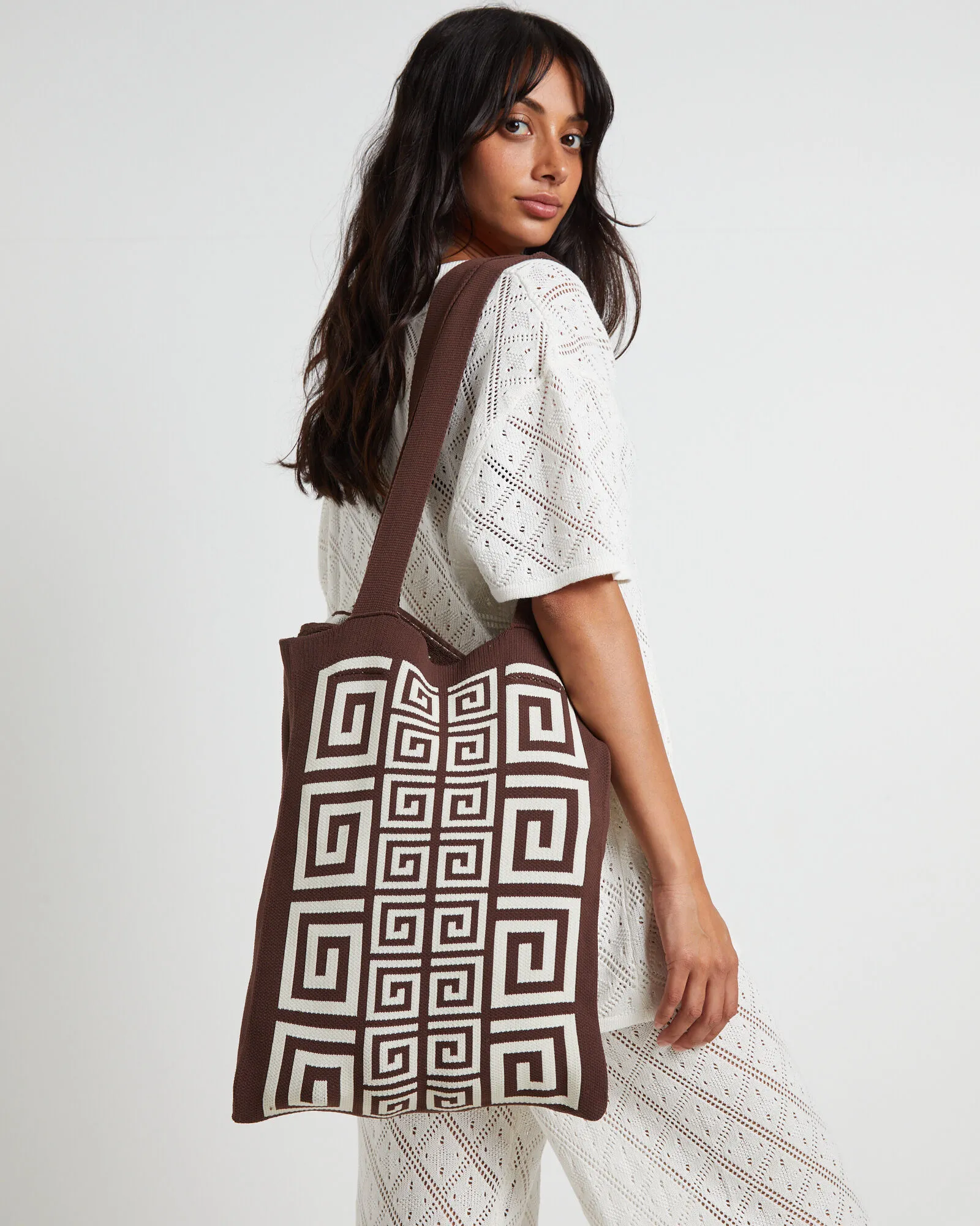 Subtitled Riviera Border Jacquard Tote Bag in Chocolate Brown