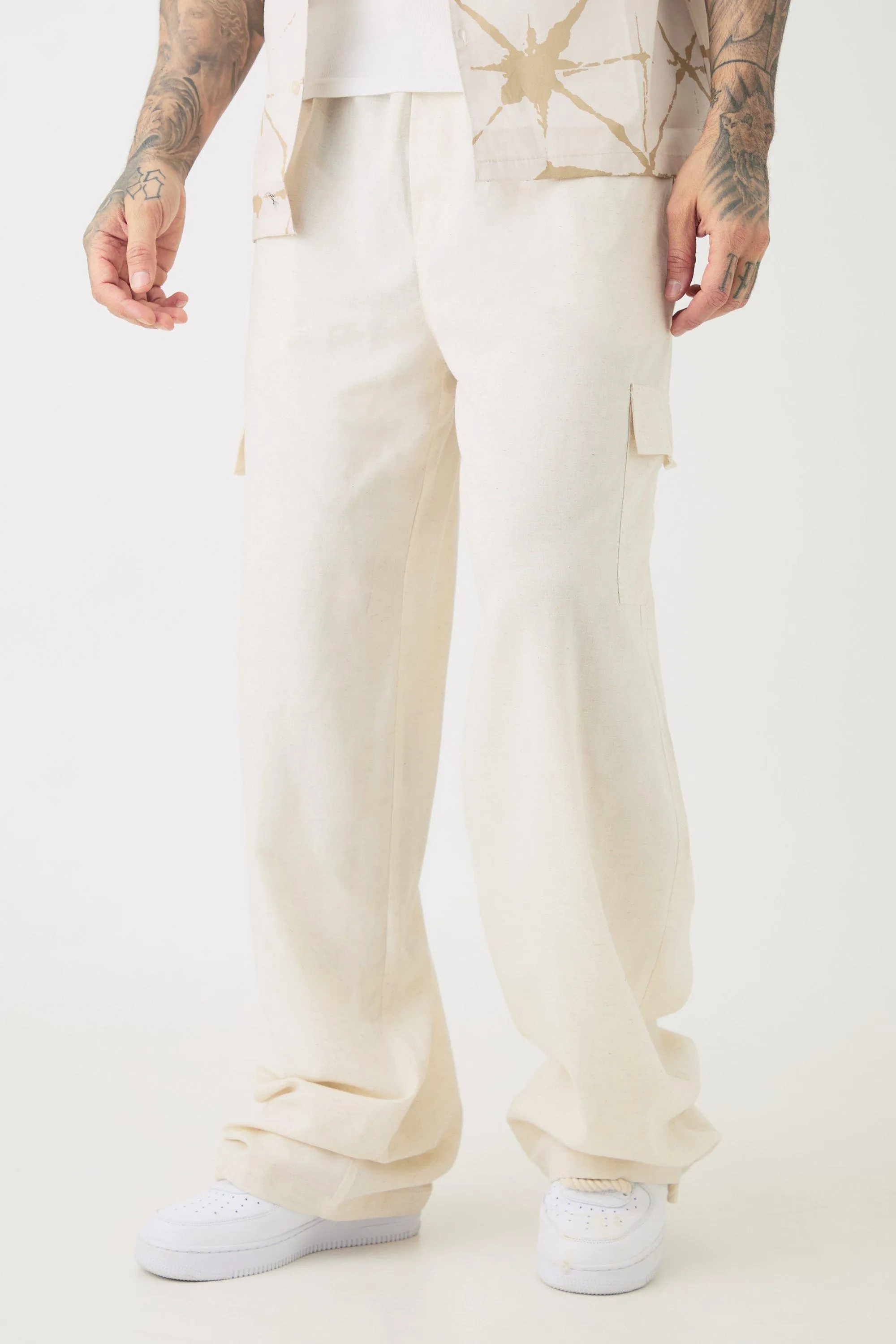 Tall Elasticated Waist Oversized Linen Cargo Pants In Natural