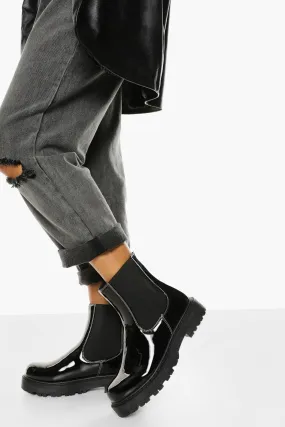 Wide Width Patent Contrast Stitch Chunky Chelsea Boots